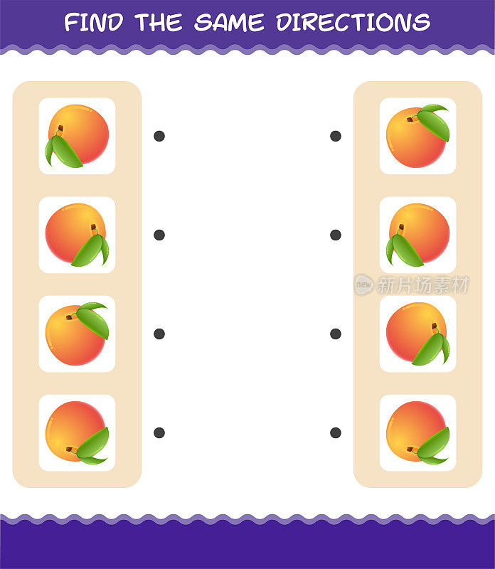 Match the same directions of peach. Matching game. Educational game for pre shool years kids and toddlers